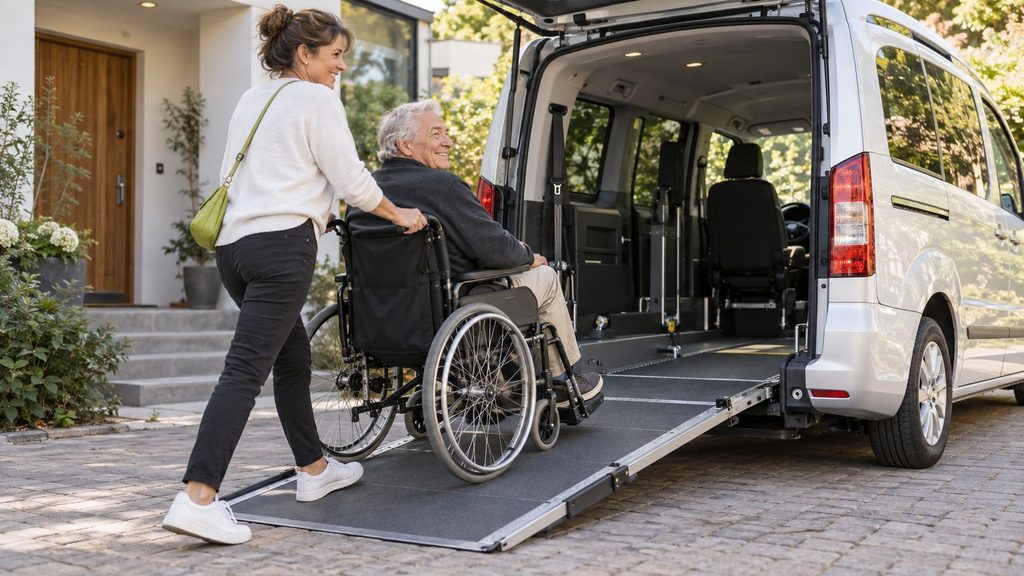 Rampe, Lift oder Verladesystem – Begleitperson schiebt einen Rollstuhlfahrer über die Heckrampe ins Rollstuhlauto