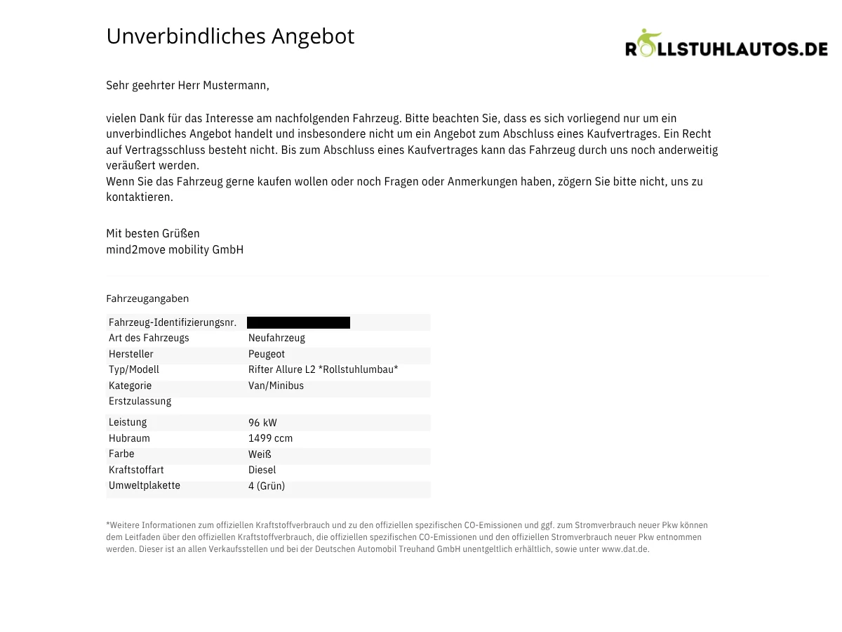 Anonymisiertes Angebot für ein behindertengerechtes Fahrzeug – Peugeot Rifter mit Rollstuhlumbau als Unterlage für den Antrag beim Kostenträger